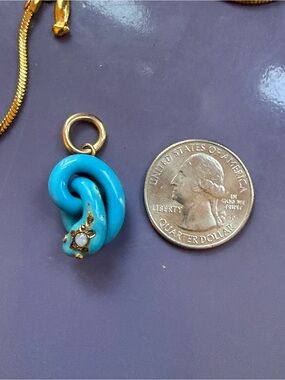 French Antique Blue Enamel Snake Pendant w/Opal + Rubies. 14 K